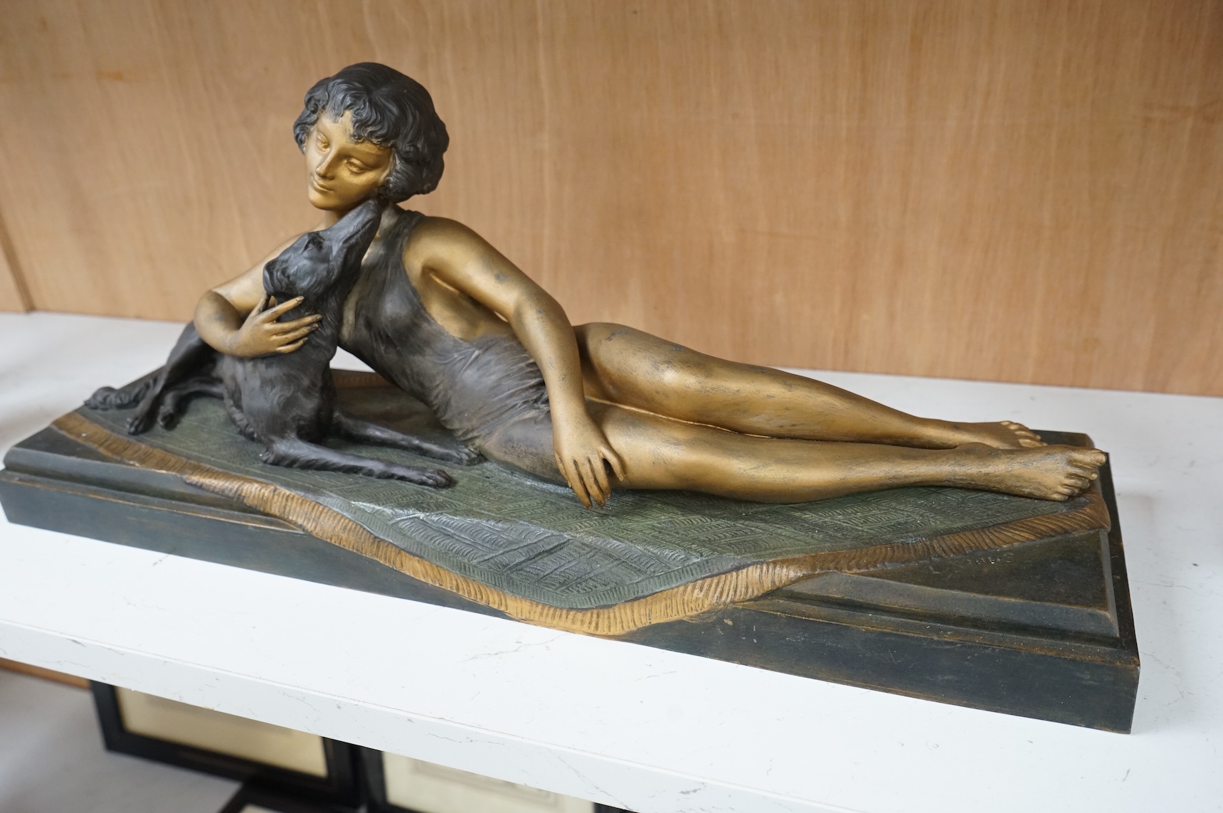 An Art Deco painted spelter group ‘Friends’ by L.Bruns, 54cm wide, 22cm high